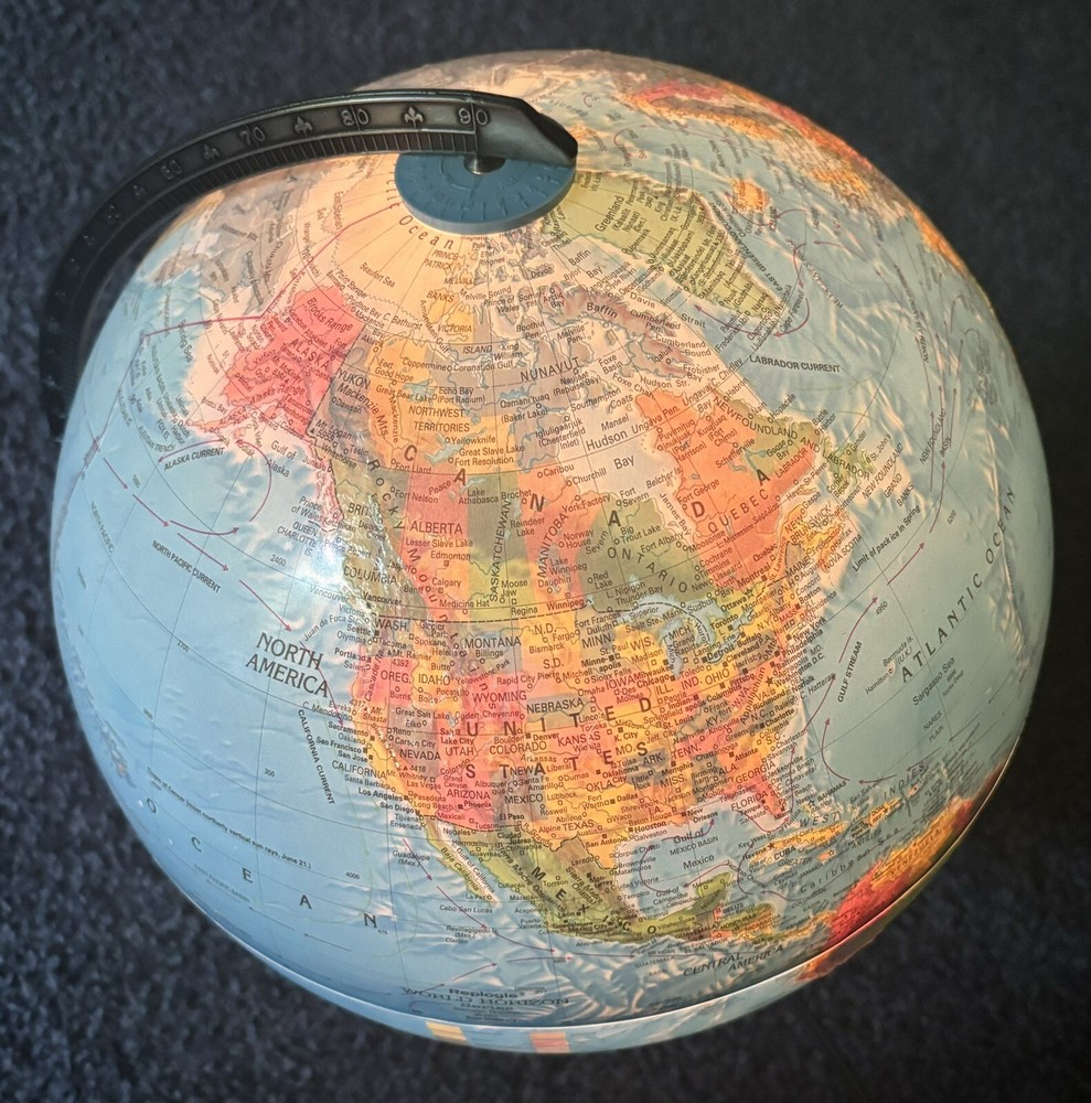 Vtg Replace World Globe Earth Light Up Large 8' Cord Switch EUC Topographical