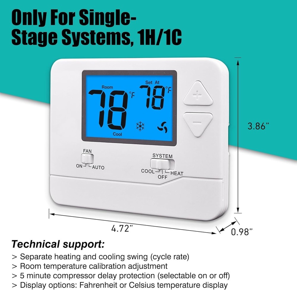 Reliable Non-Programmable Thermostat for Home with LCD Display & 5-Min Delay