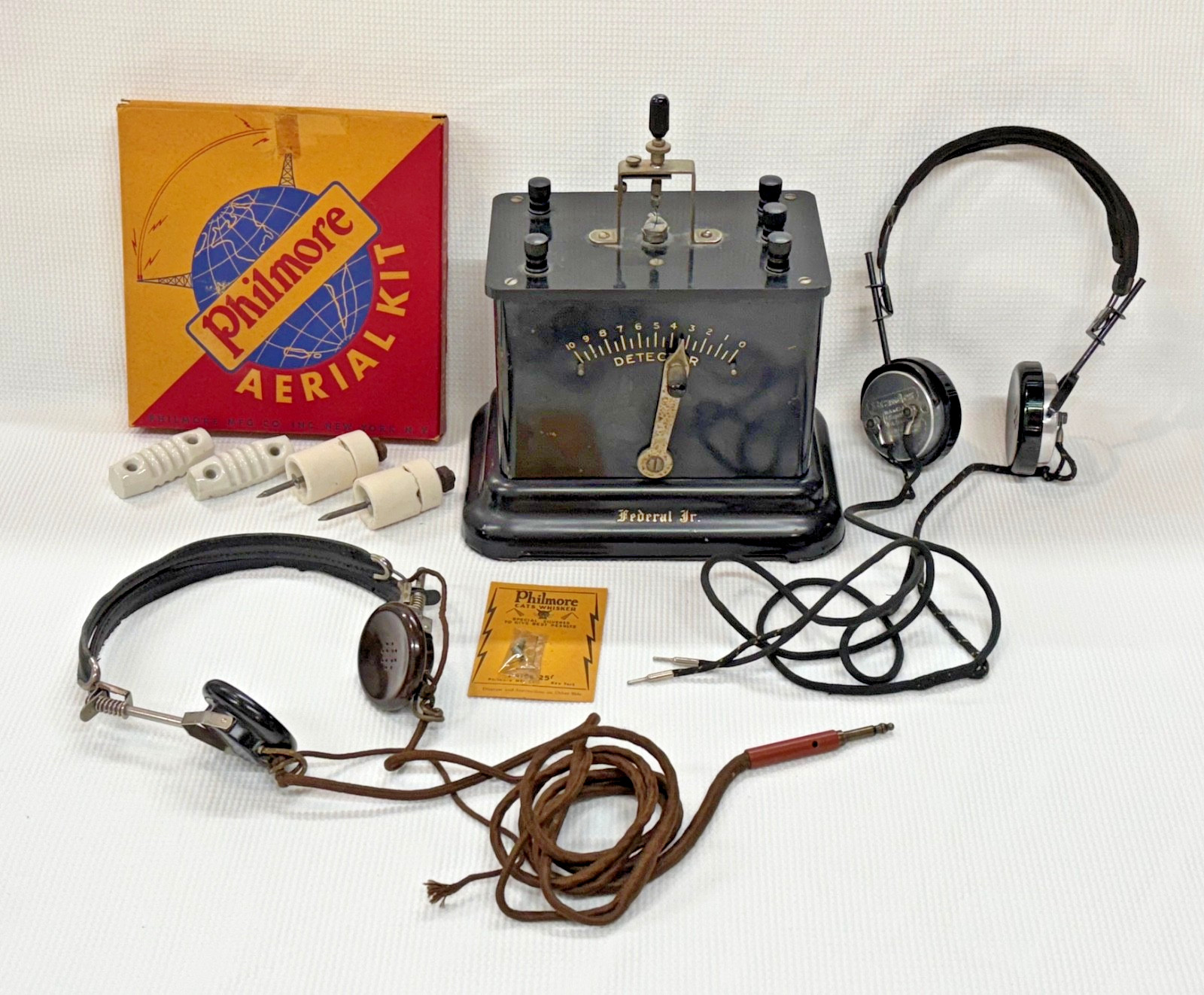 Antique Federal Jr. Crystal Radio, Earphones,  Philmore Aerial Kit, Cats Whisker