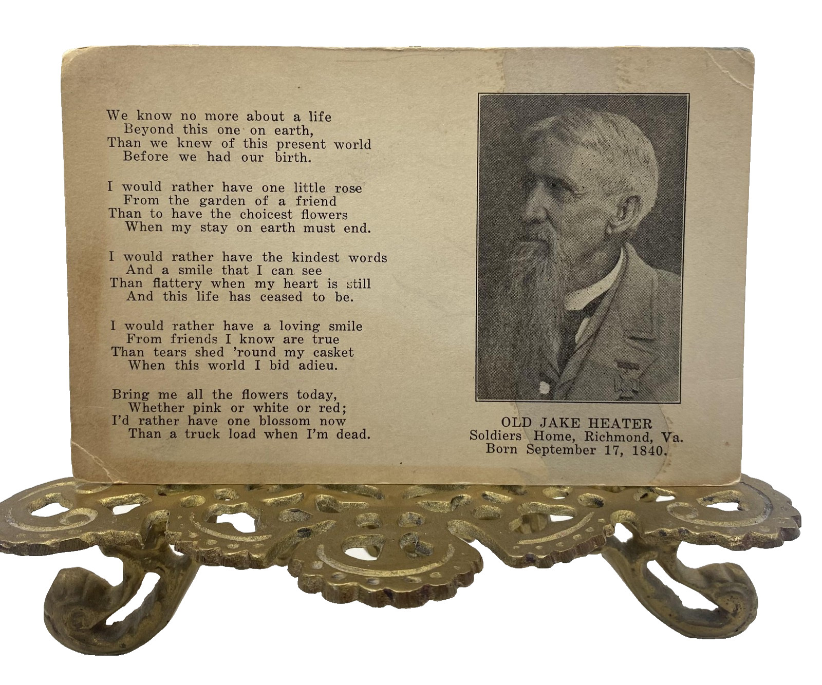 Vintage Old Jake Heater Christian Religious Poem Card Soldiers Home Richmond VA