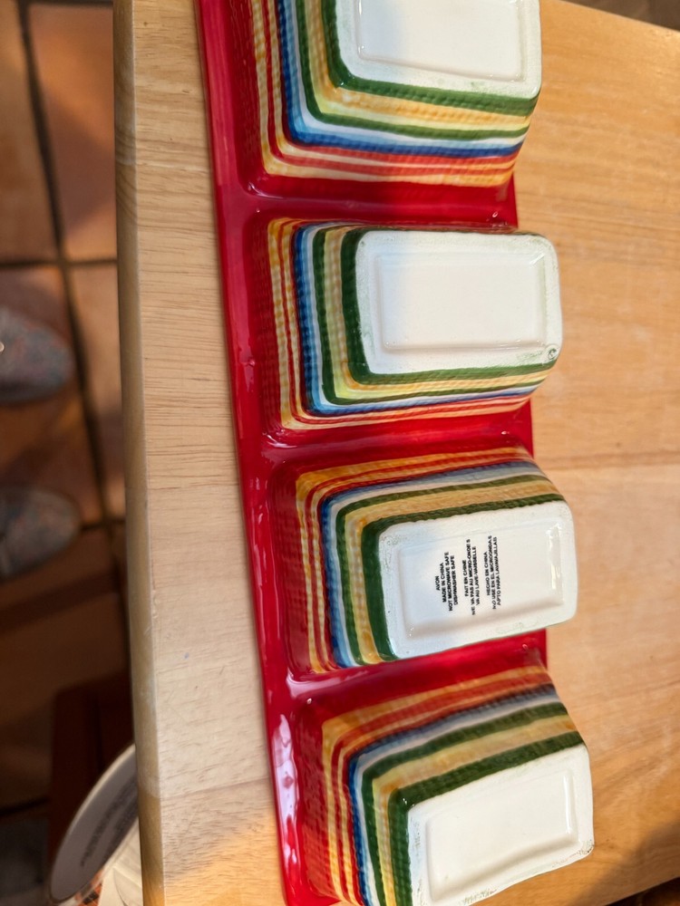 Ceramic Serving Dish/ Condiments 4 Sections 12" X 4" X 2" AVON RED STRIPED