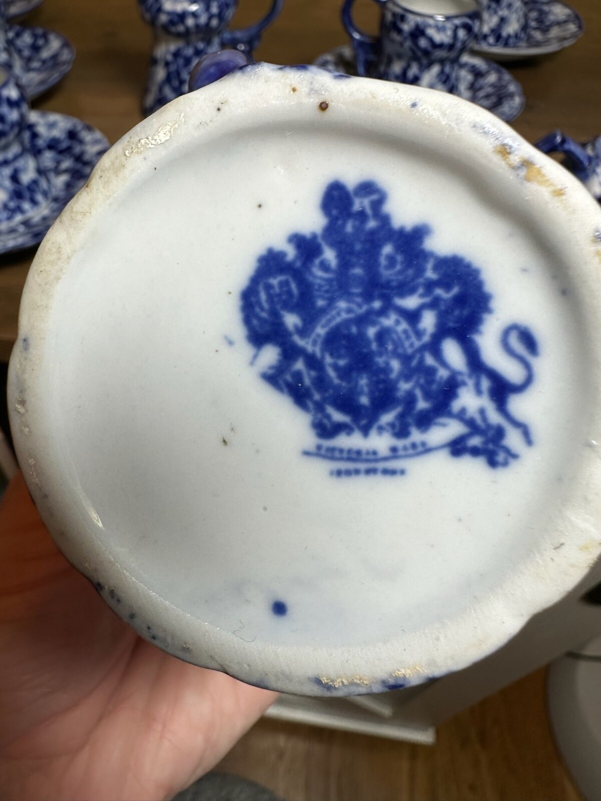 Victoria Ware Stoneware Small Tea Cups Saucers Sugar Creamer Cobalt Flue Floral