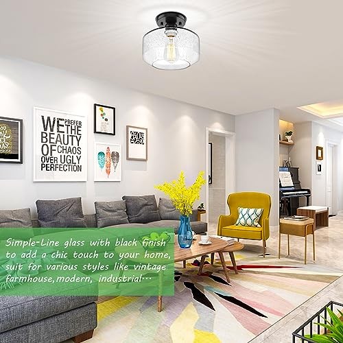 2-Pack Industrial Semi Flush Mount Ceiling Light, Black Light Seeded Glass