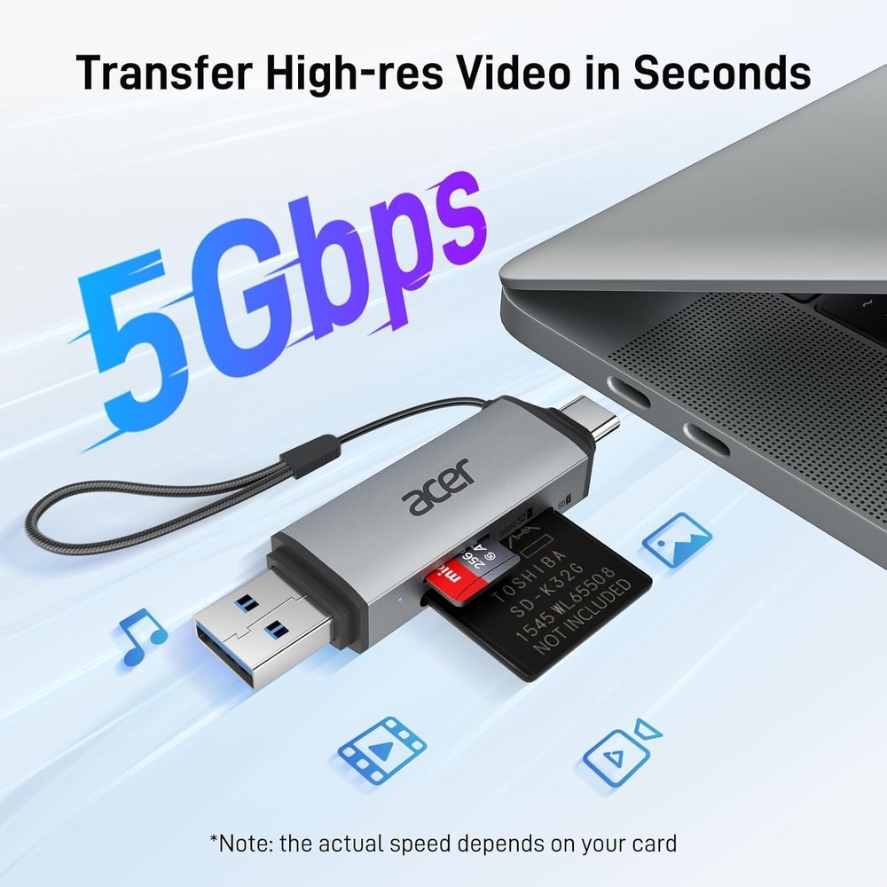 acer SD Card Reader USB C, Dual Slots 3.0 Type C to Micro Grey