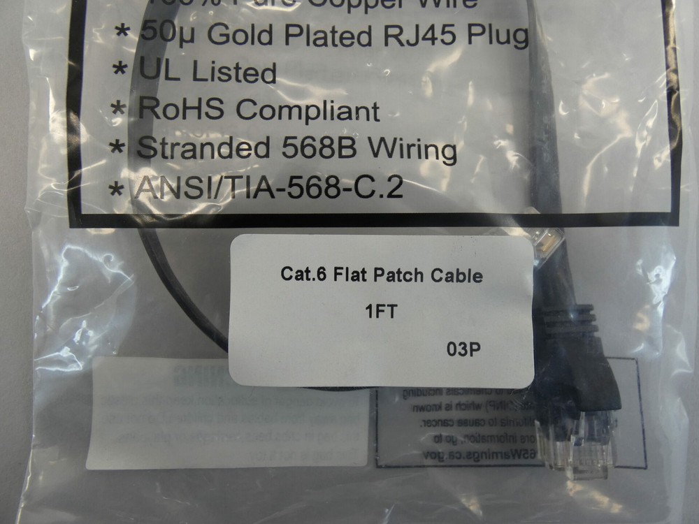 1FT Ethernet CAT.6 Booted Flat Patch Cable 550MHz - NEW Surplus!