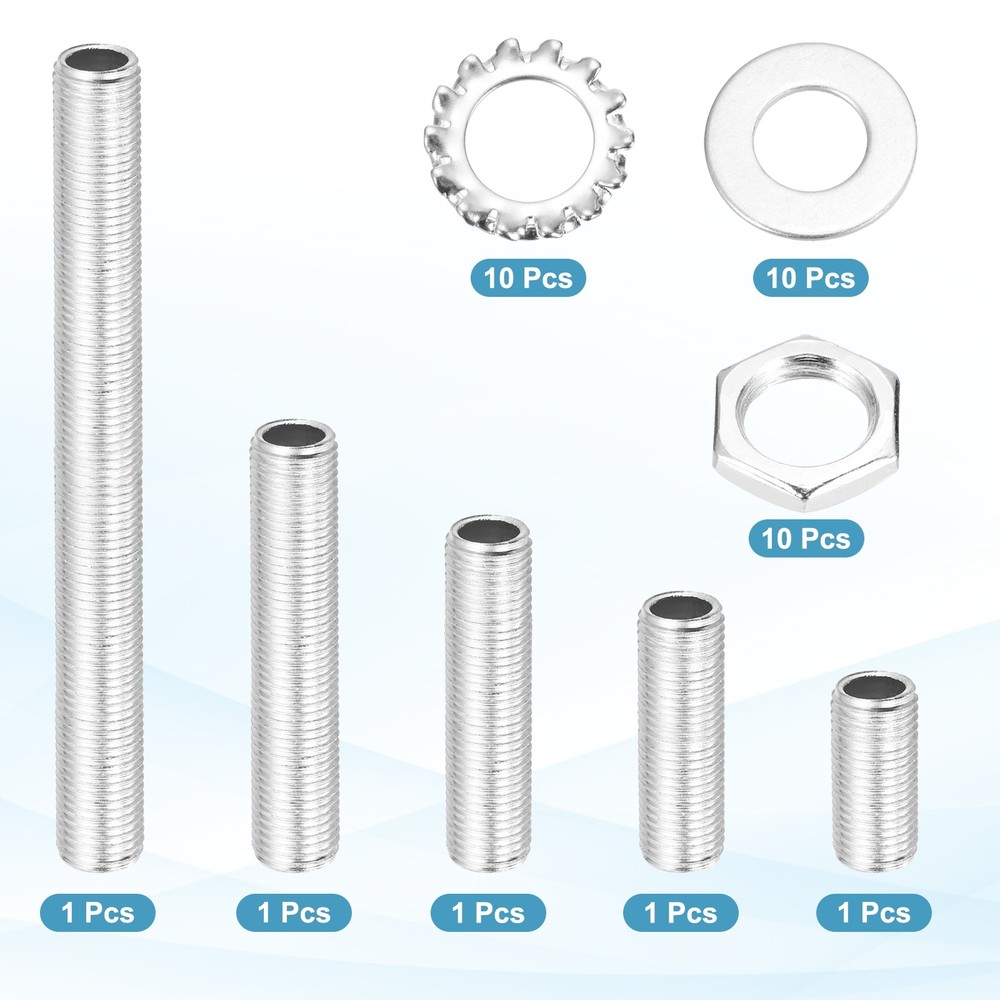 35Pcs 5 Size 1/4IP Lamp Pipe Kit with Lock Nuts Washers for Assembly, Silver