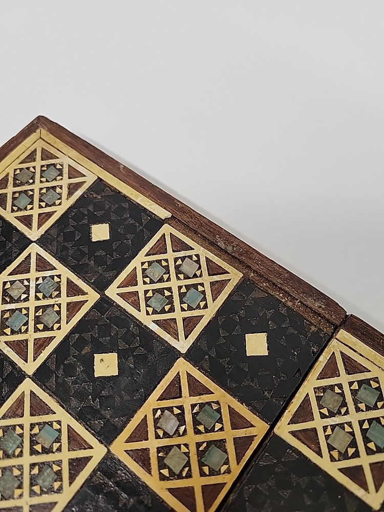 Inlaid Handcarved Bone Chess Set With Board Missing Knight Replaced With Bone