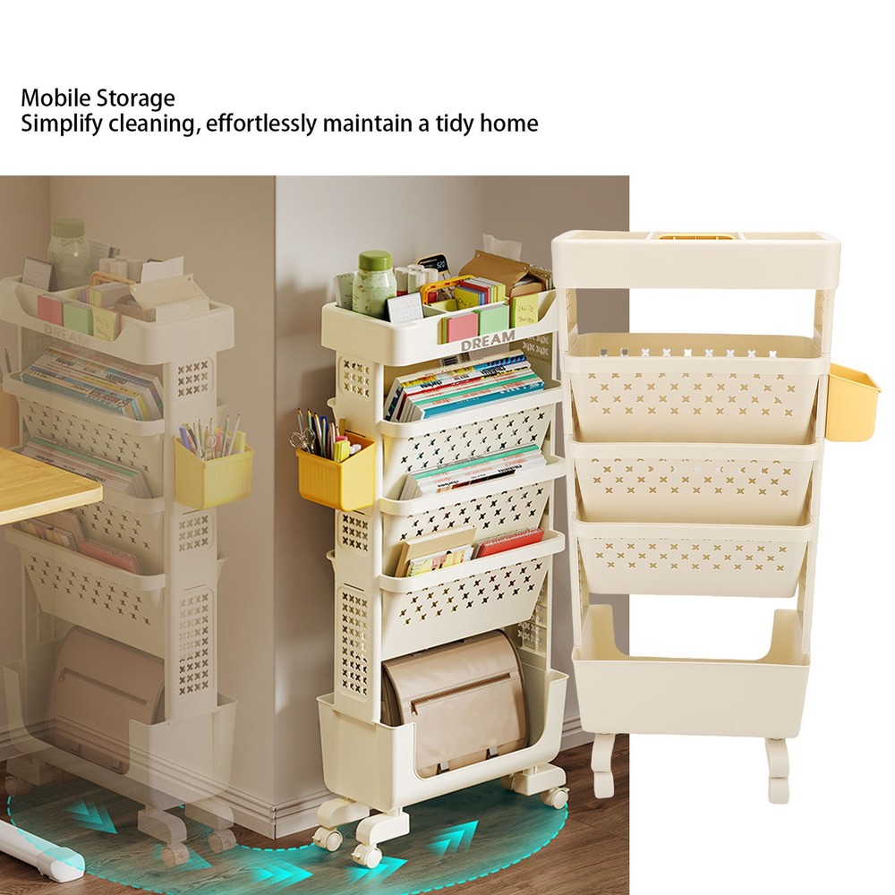 Rolling Book Cart 5 Tier PP Multi-Functional Movable Storage Book Rack White