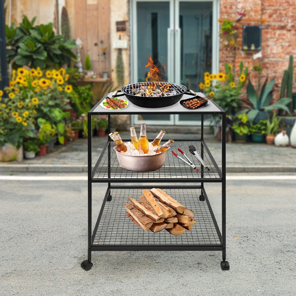 Movable Dining Cart Outdoor BBQ Food Prep Table Kitchen Serving Table 3 Tier