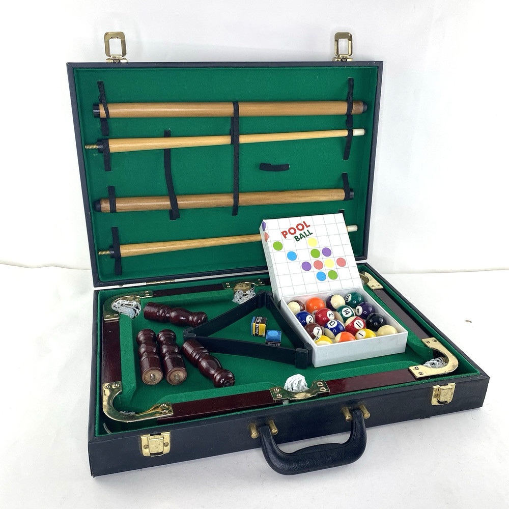 Vintage Mini Portable Pool Table Set in Briefcase Complete Table Balls Cues Rack