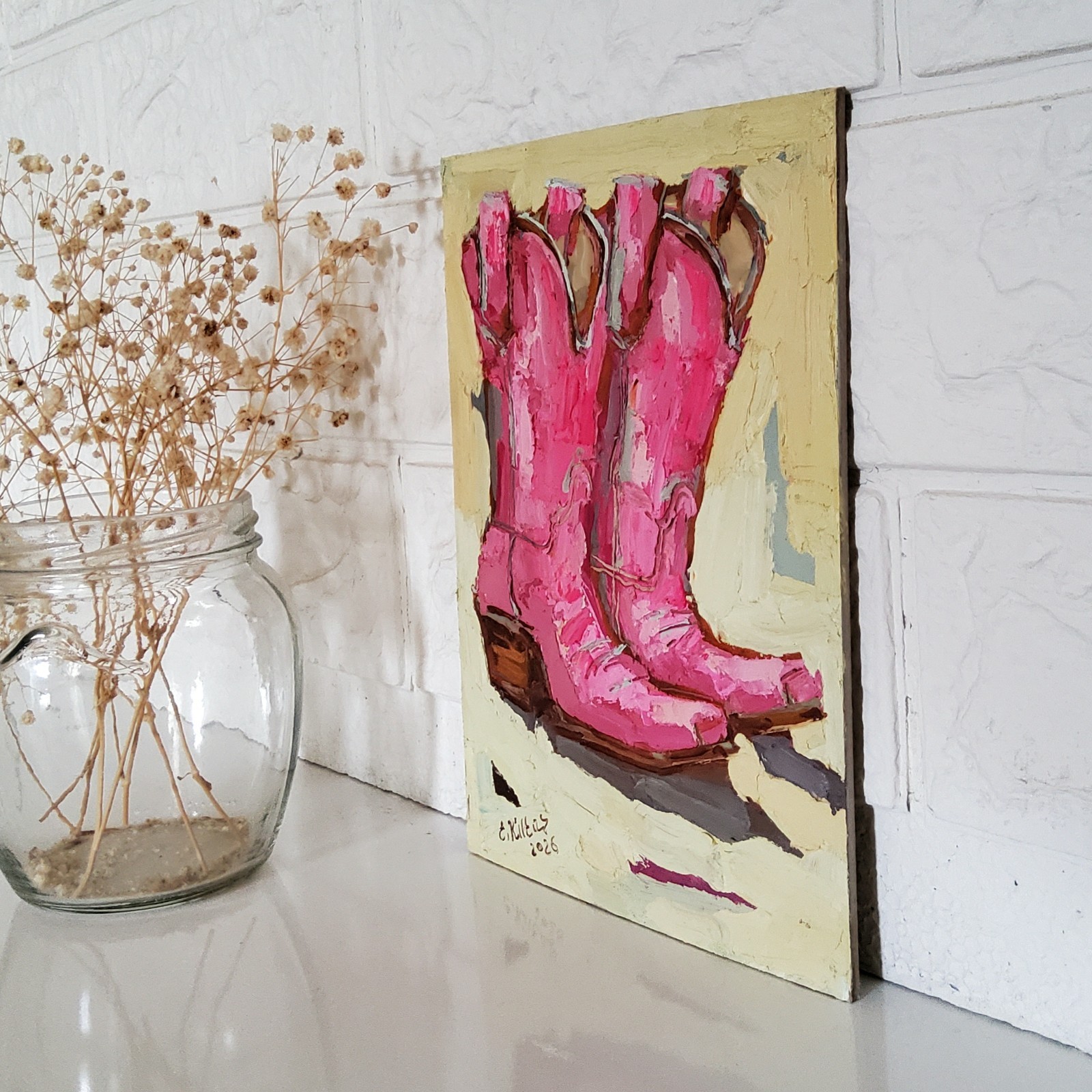 Pink Cowgirl Boots Cowboy Painting Original Oil Art Abstract Modern Wall Artwork