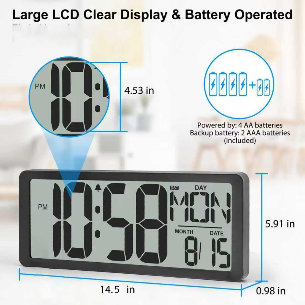 14.5” Battery Operated Large Digital Wall Clock with Backlight, Large Display...