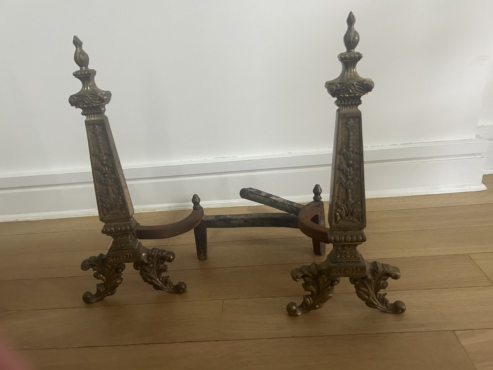 Solid Brass Antique Andirons, About 16" tall; highly ornate
