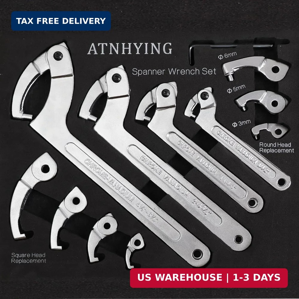 12pcs Adjustable Spanner Wrench Sets with Replaceable Head, C-Shape Pin Hook Wre