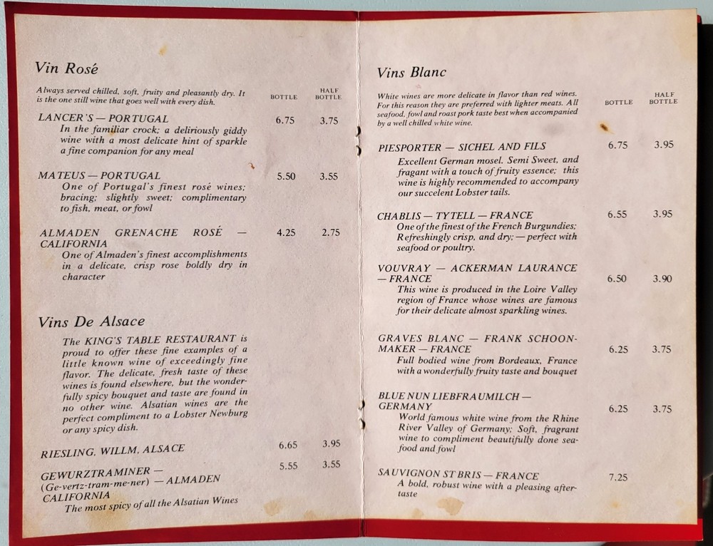 King's Table Wine List Menu Vintage Original