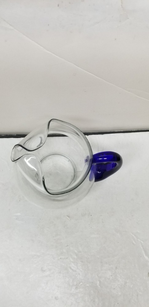 VTG STUDIO BLOWN ART GLASS PITCHER COBALT BLUE APPLIED HANDLE 10 + CUPS
