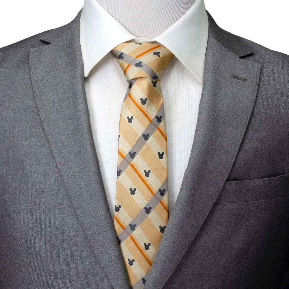 Disney Mickey Mouse Silhouette Tan Plaid Tie