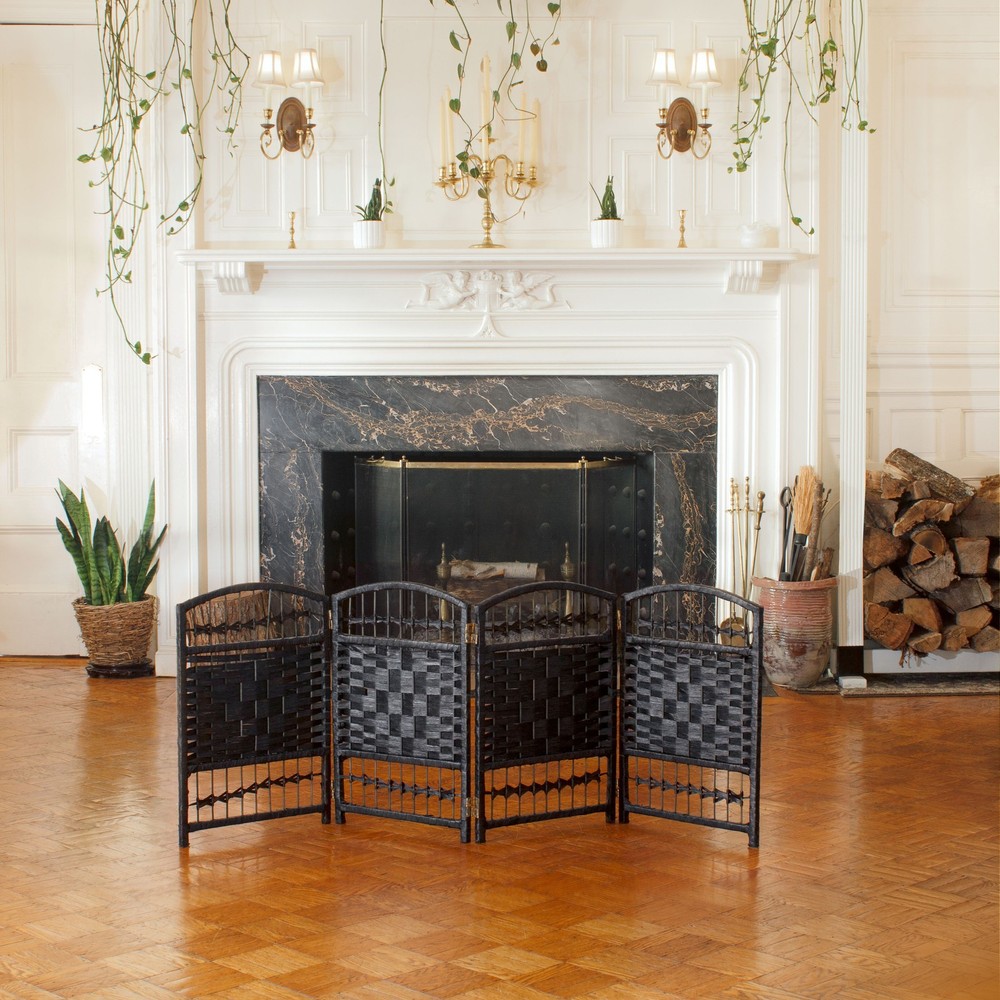 2 ft. Short Fiber Weave Folding Screen - Black - 4 Panels