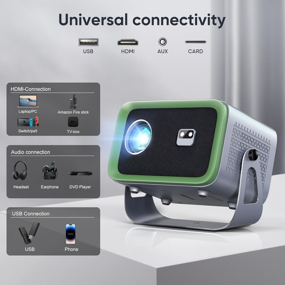 360° Rotating Smart Projector - 4K Support WiFi Bluetooth 200 ANSI Portable