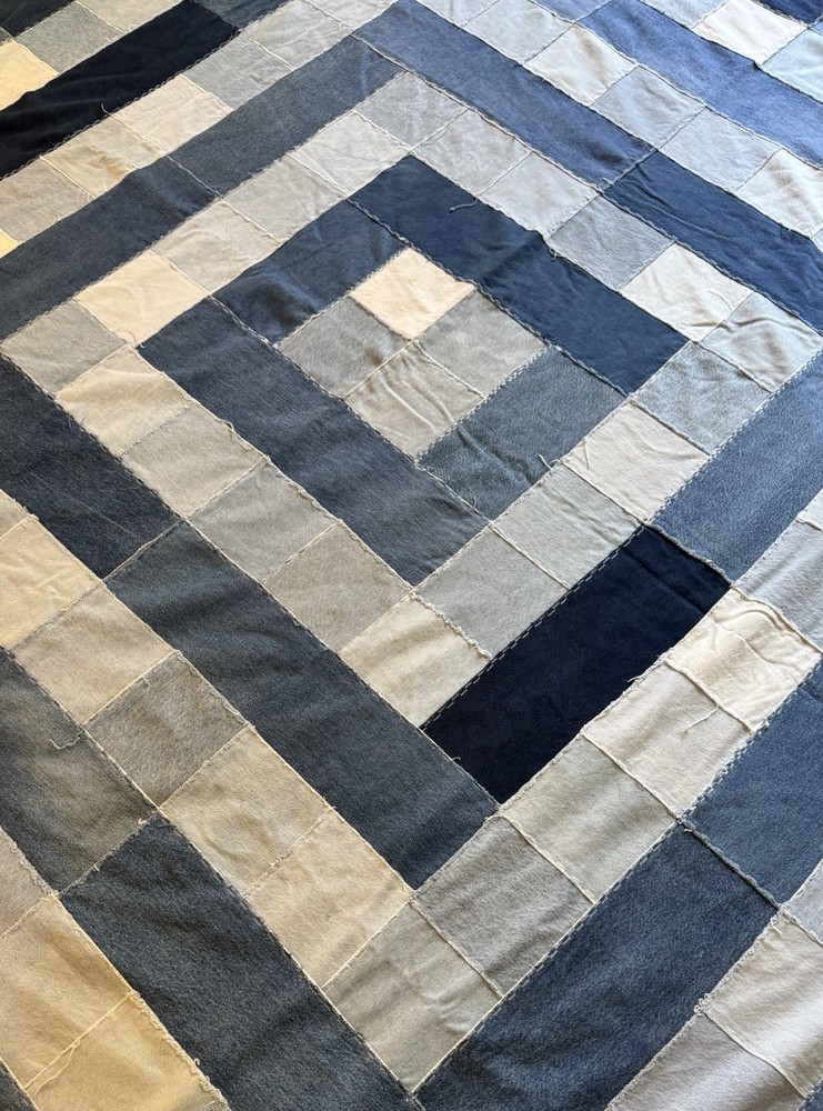 Vintage Patchwork Squares Denim Quilt Heavy Unique Mod Geometric
