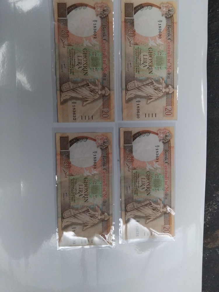 Maltese 20 Lira Bank Notes x4 consecutive unc