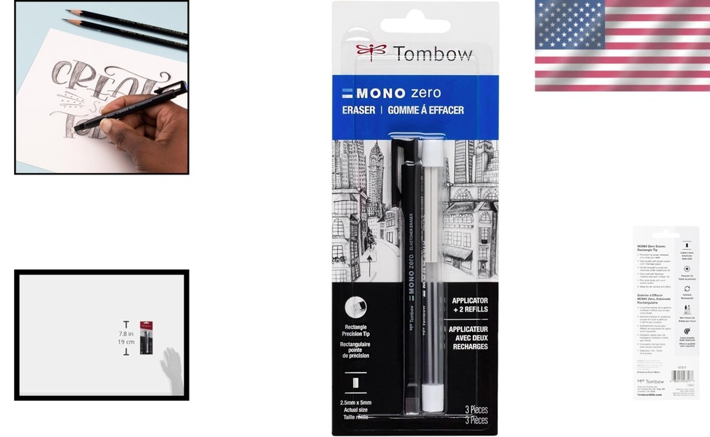Mono Zero Rectangle Eraser Pack: Precision Tip & 2 Refills for Clean Corrections