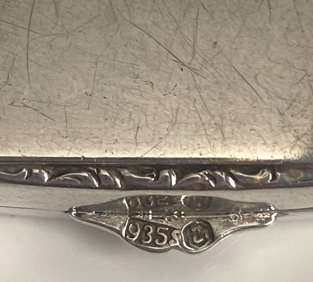 Antique c1910 Solid Silver 935 Engine Turned Pill Box Scrolling Foliage Border