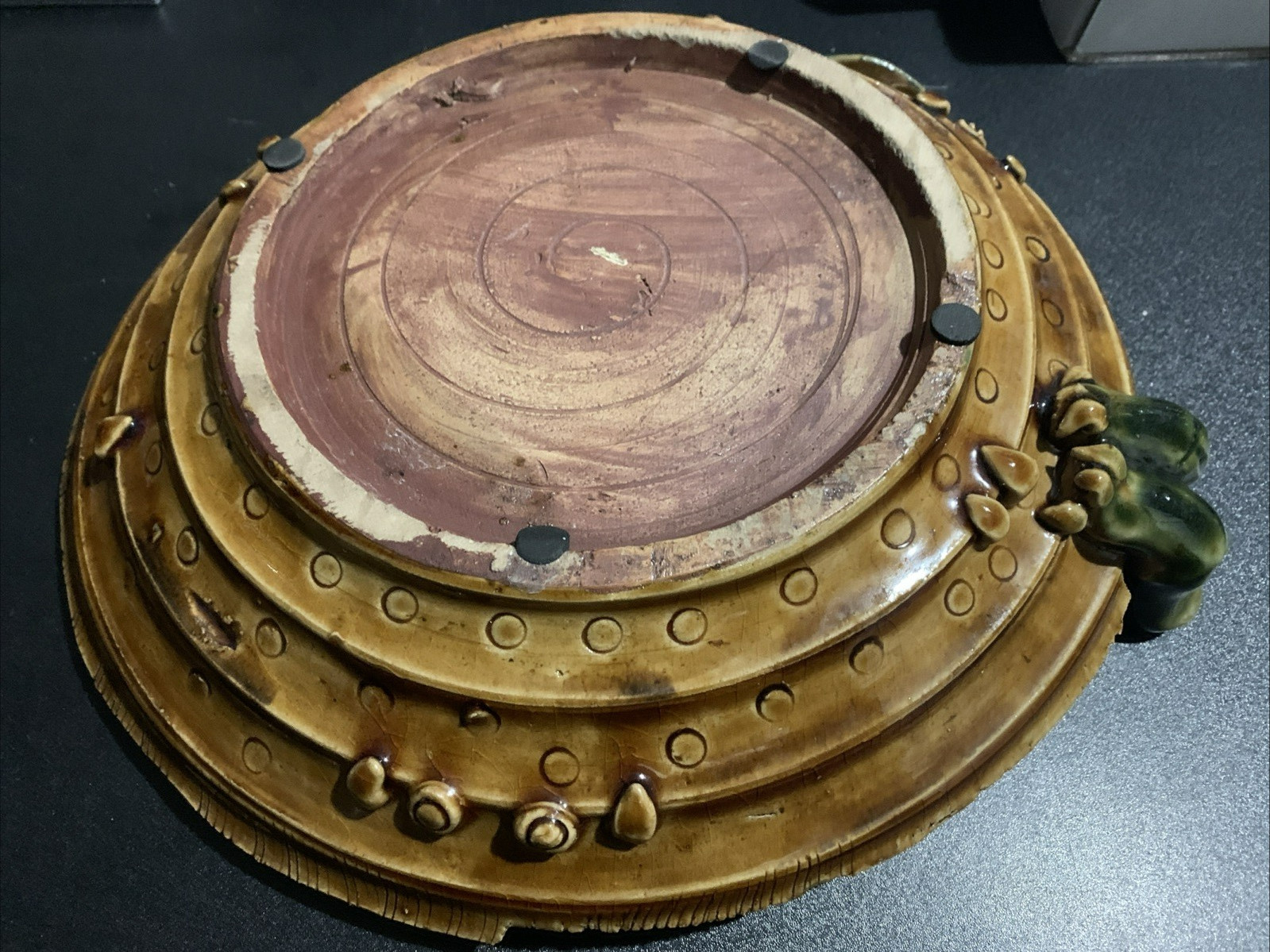 Vintage Mission Style Pottery Dragonfly Collectable Art Pottery Green Bowl 11"