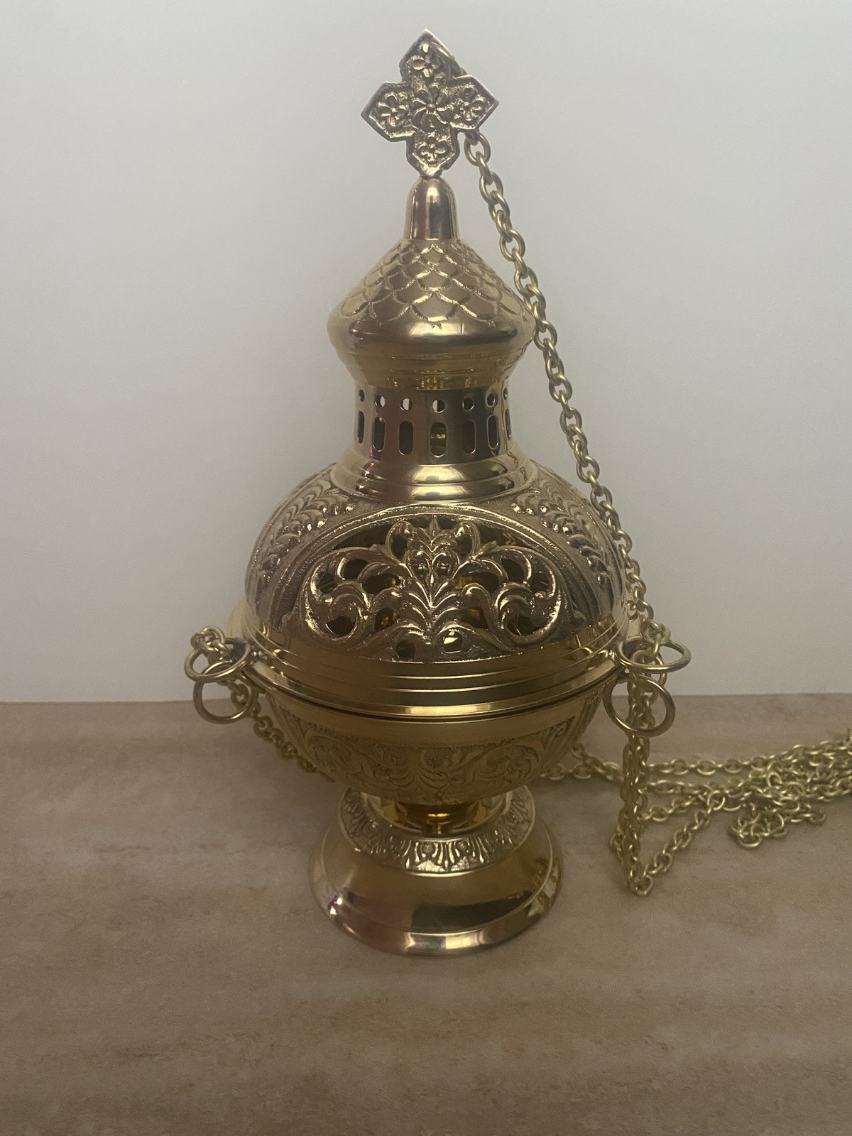 Traditional Triple Chain Brass Church Censer, Thurible w/Liner, Catholic Church