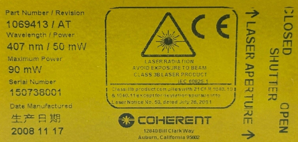 Coherent Cube 407nm 50mW 1129768 SYS Laser Module Subsystem Aperture 1069413/AT