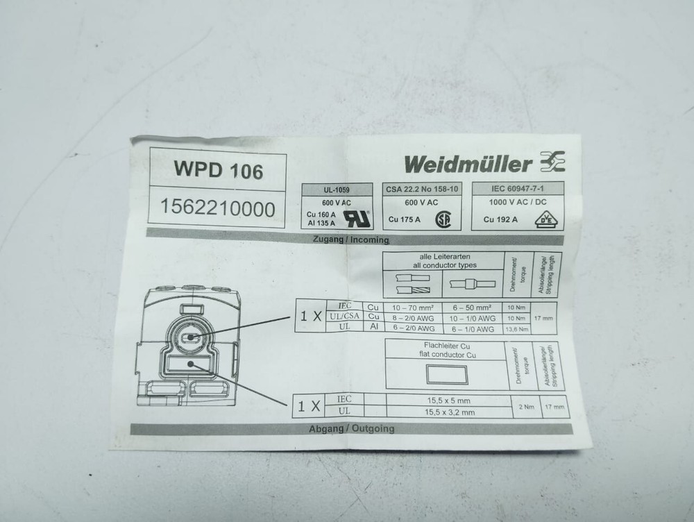 Weidmuller 1562210000 Barrier Terminal Block WPD 106