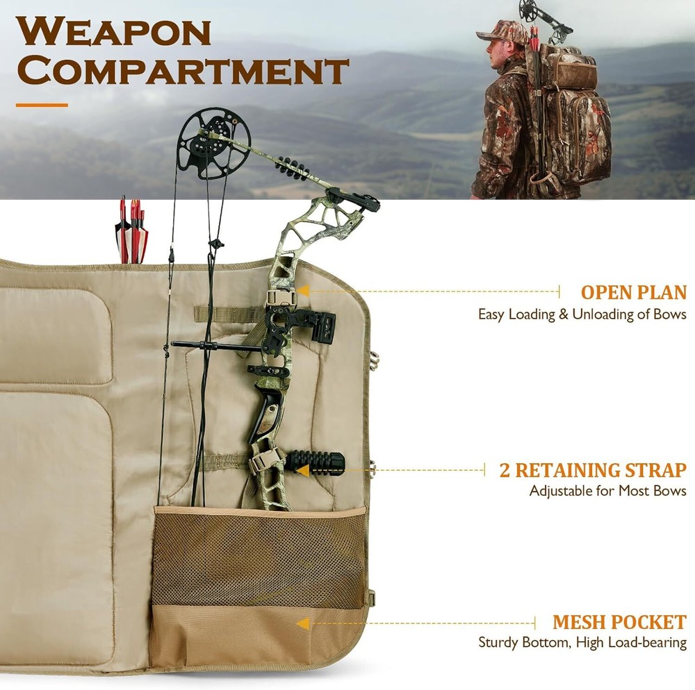 Large Saddle Hunting Pack for Compound Bow, with Bow Holder & Camo Design