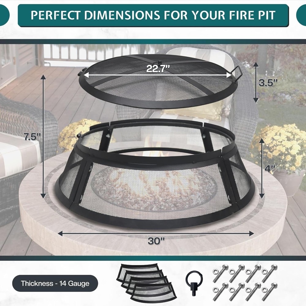 FEBTECH 30 inch Fire Pit Screen Round with Hook for Outdoor Fire Pit Ring Cover