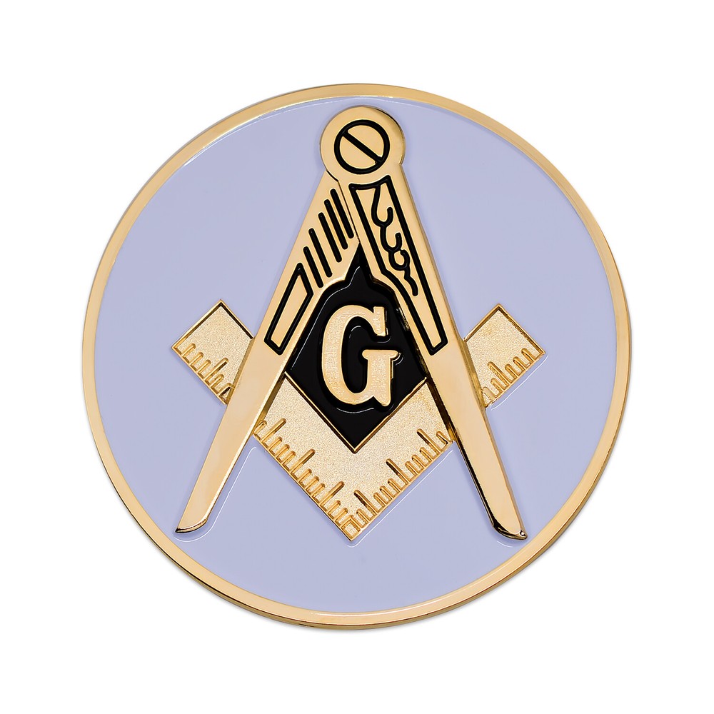 Square & Compass Round Masonic Auto Emblem - [White & Gold][3'' Diameter]