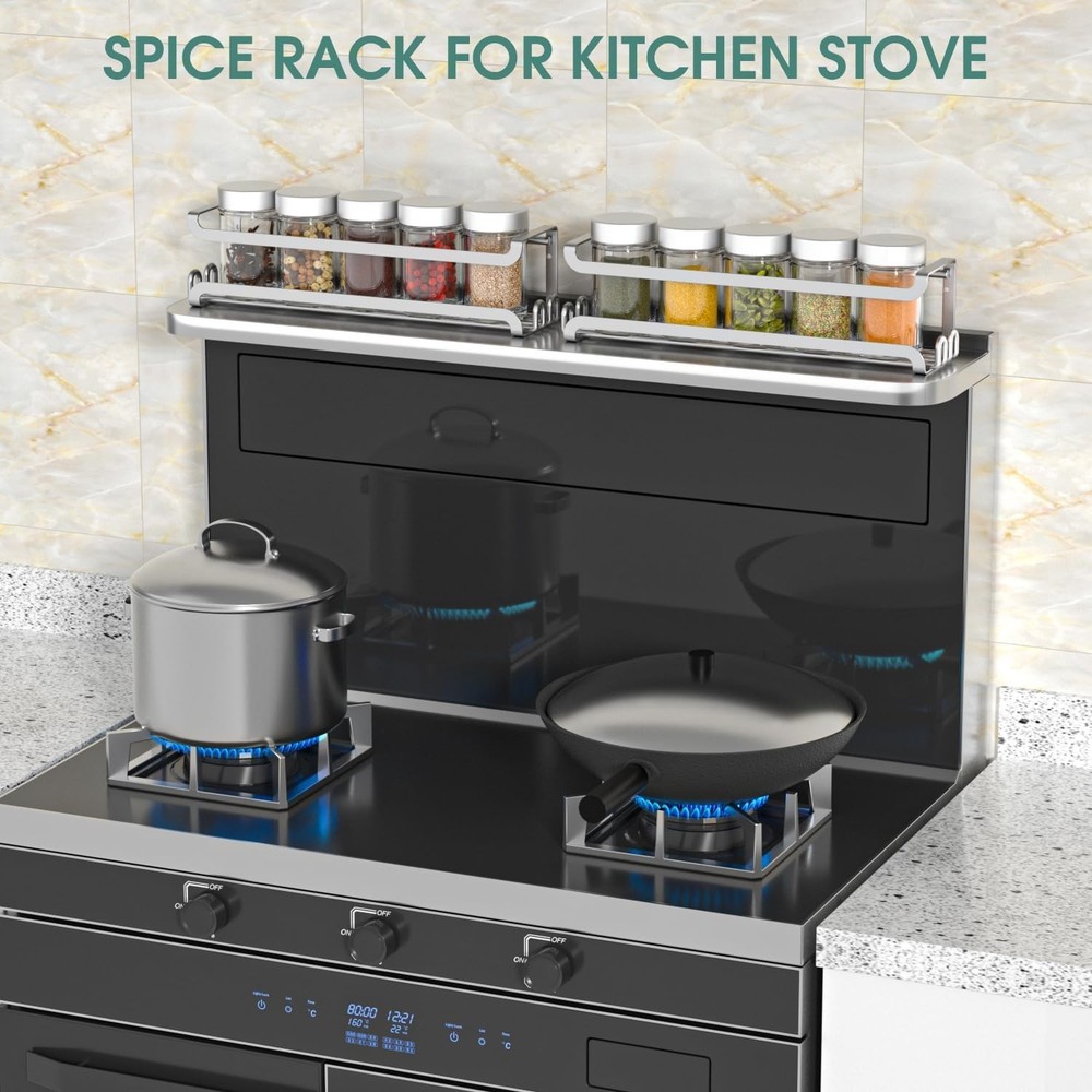 2 Pack Wall Mounted Spice Rack with 8 Hooks Spice Organizer Shelf Silver