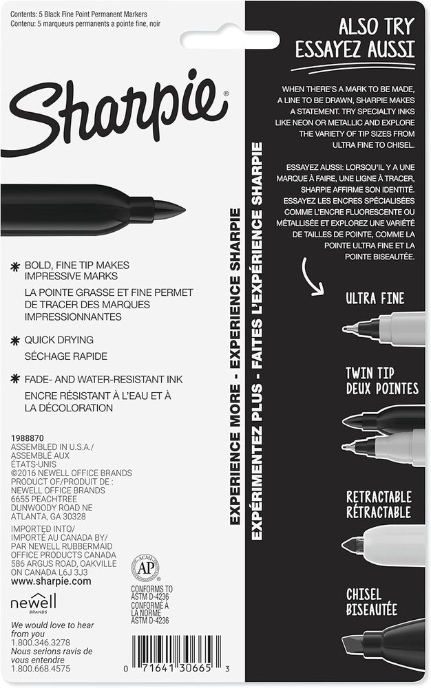 5 Count Fine Tip Permanent Markers - Quick Drying & Fade Resistant for All Su...