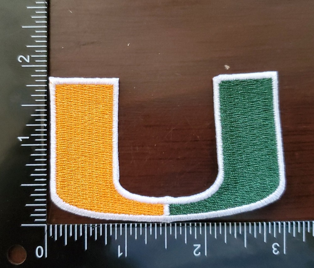 Miami Hurricanes U Patch. Fully Embroidered. Iron On Backing. 3"x2"