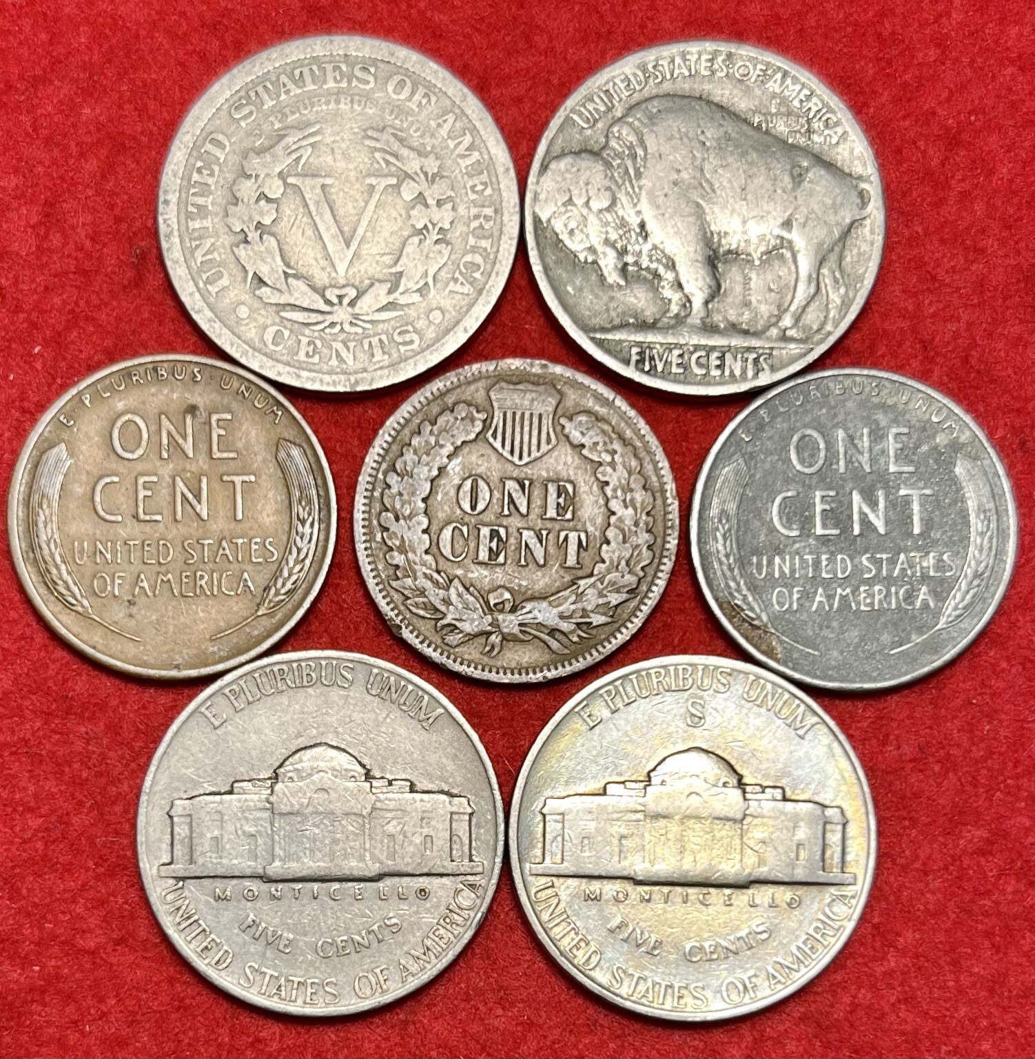 (7) US Coin Lot Liberty Head Buffalo Silver War Nickels Indian Head Wheat Cents