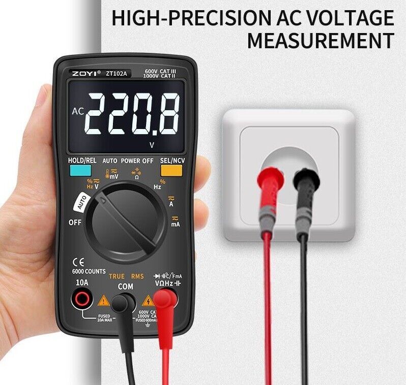 Digital Multimeter AC/DC Ammeter Auto Ranging T-RMS LCD Smart Diode Tester 6000