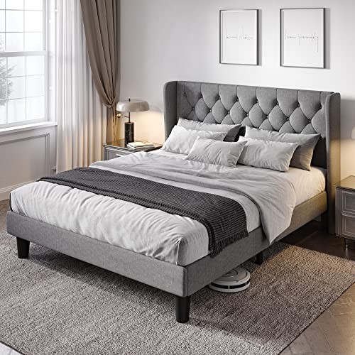 Modern Full Size Bed Frame with Button Tufted Wingback Headboard, Upholstered Pl