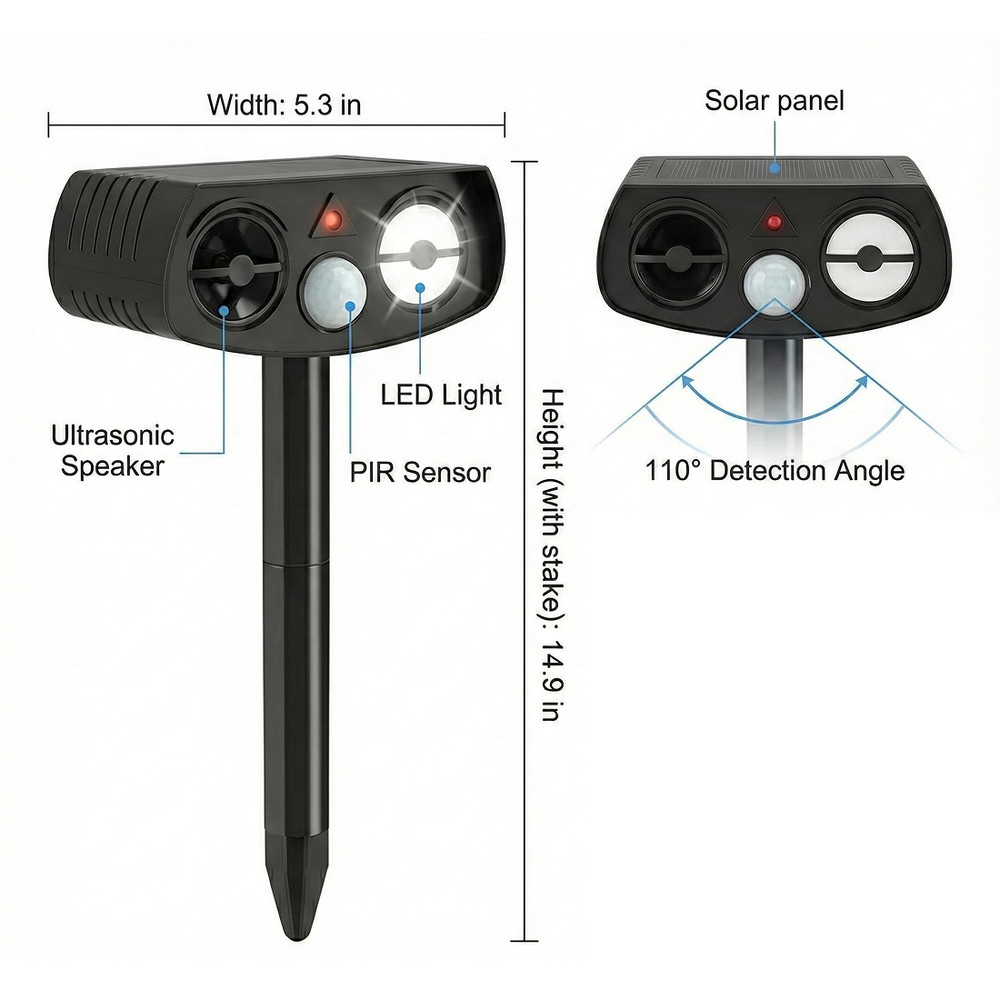 Solar Ultrasonic Animal Repeller w/ LED Strobe, Motion Sensor, 2 Pack