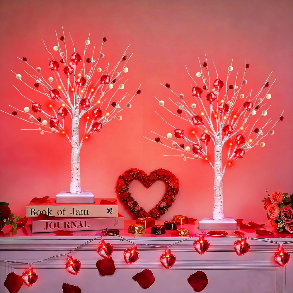 Prelit & Timer - Valentines Day Decorations, 2 Pack 18 Inch Valentines Day Tree