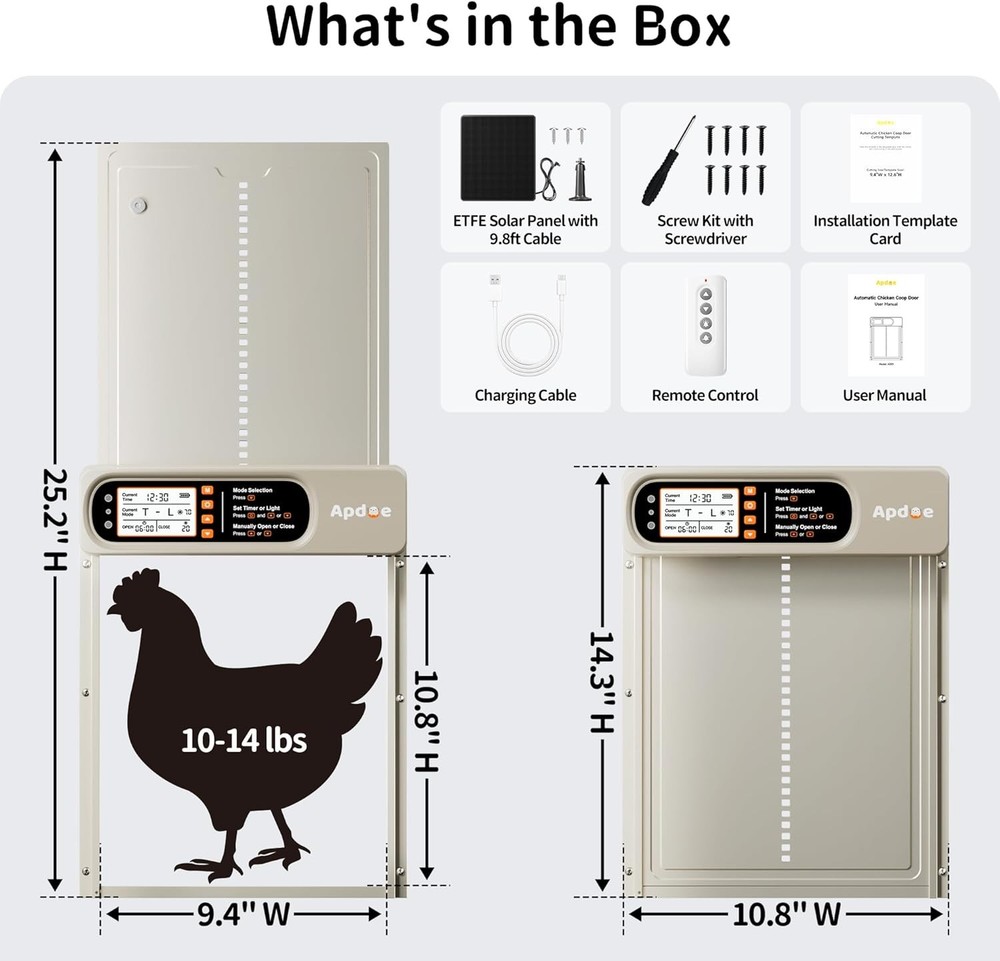 Automatic Chicken Coop Door Solar Powered with Timer, Light Sensor, Remote Contr