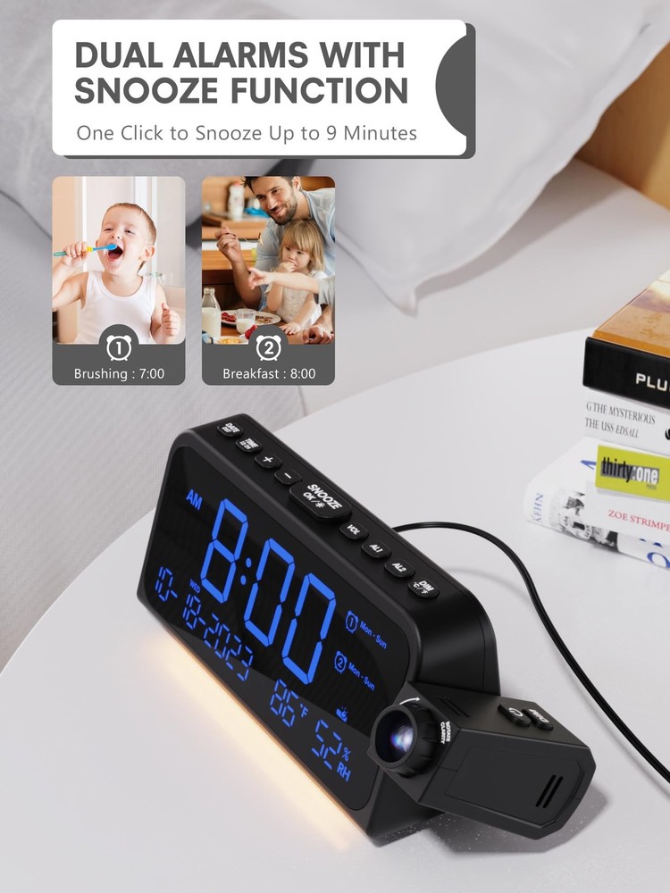 Projection Alarm Clock for Bedroom Ceiling, Digital Clock Projector with Week...