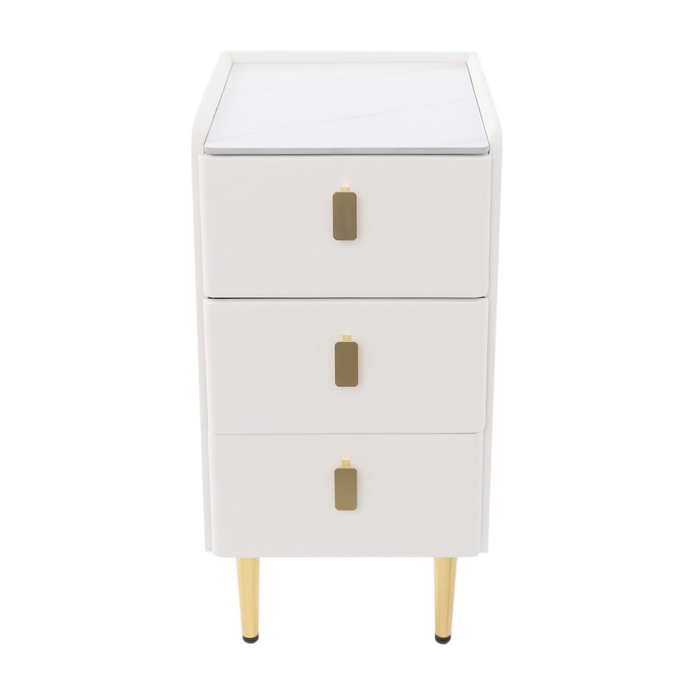 3 Drawer Narrow Side Table - Leather & Wood, Titanium-plated, Rectangular Modern