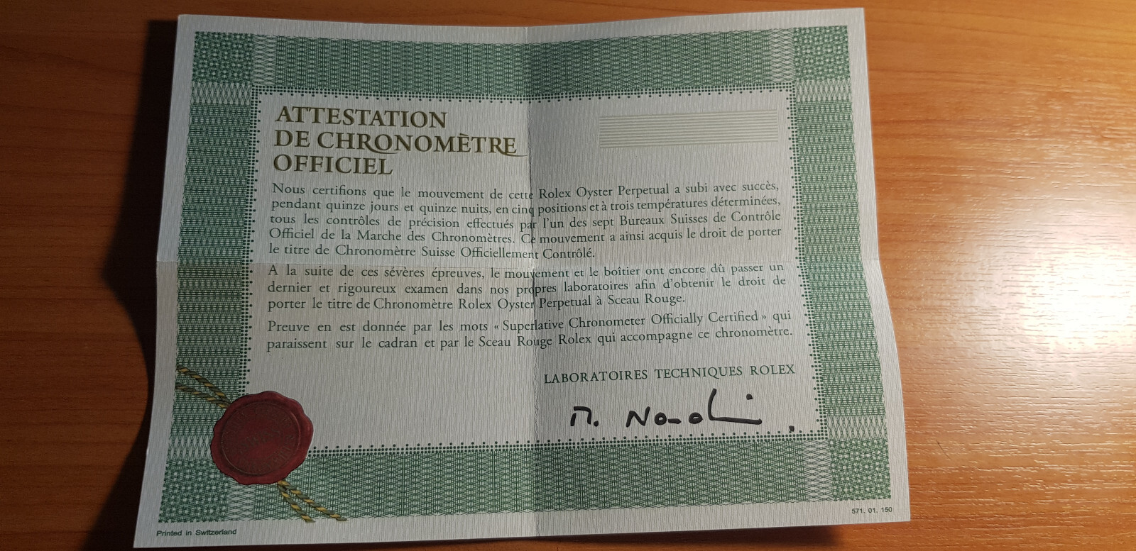 Rolex Oyster Chronometer certificate blanc vintage 1971 english no. 571.01.150