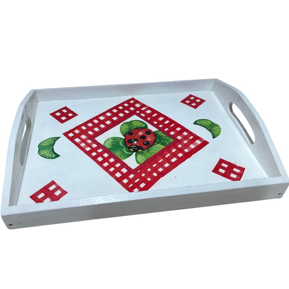 Ladybug Wood Serving Tray White Red Decorative