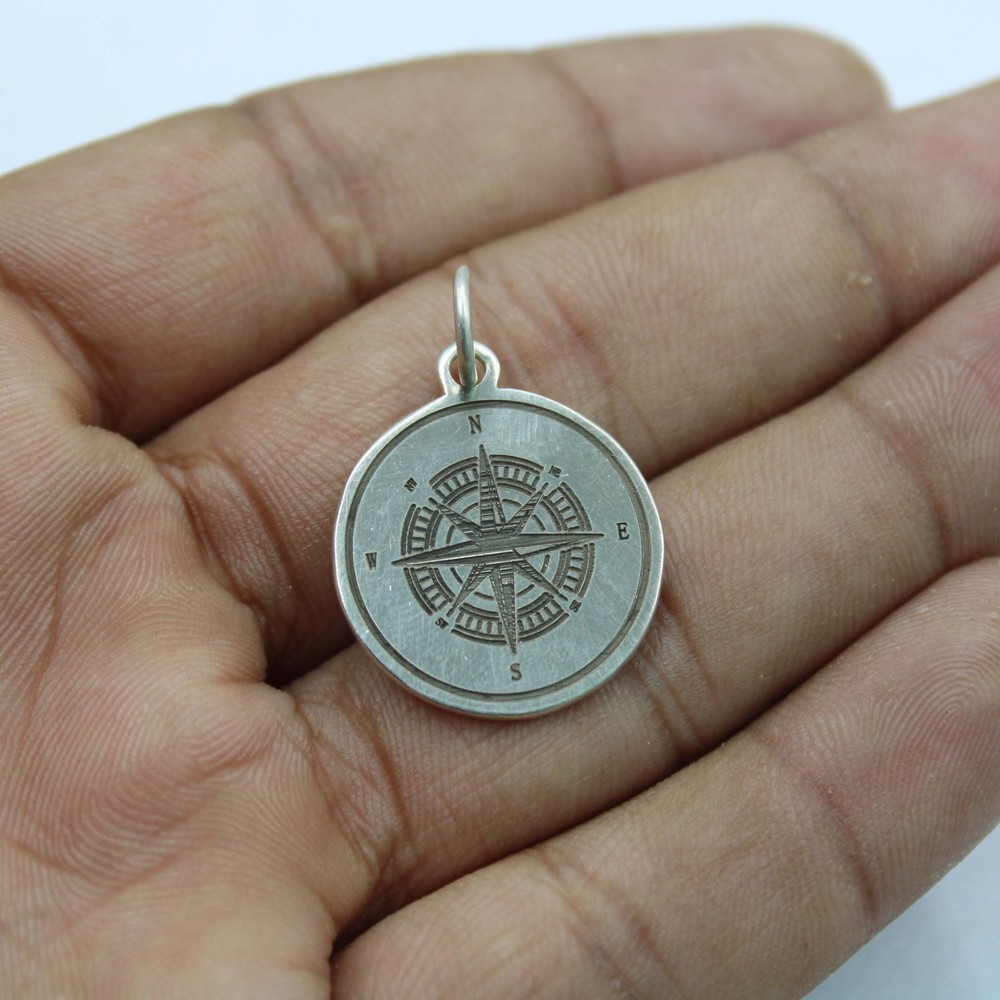 Solid 925 Sterling Silver Compass Pendant North Star Direction Travel Necklace