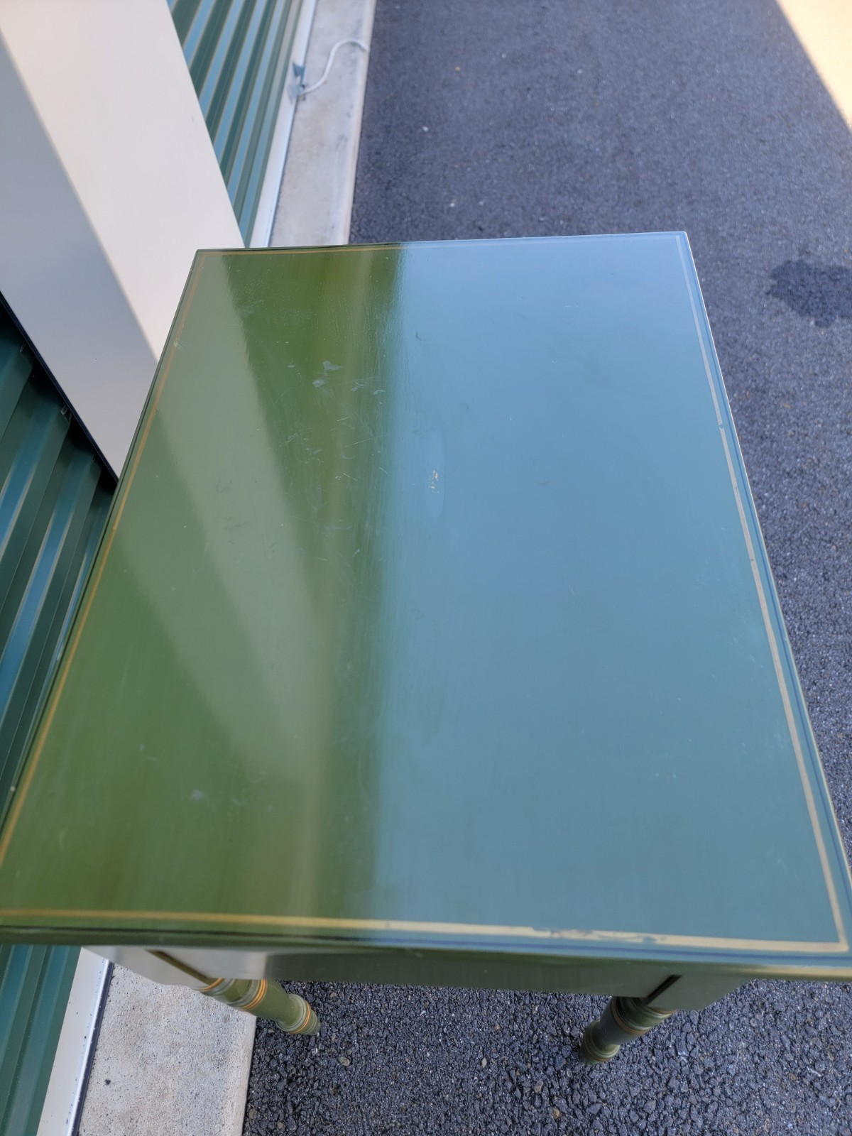 L. Hitchcock 2-drawer End/Side/Work Table Dark Green Stenciled drawers