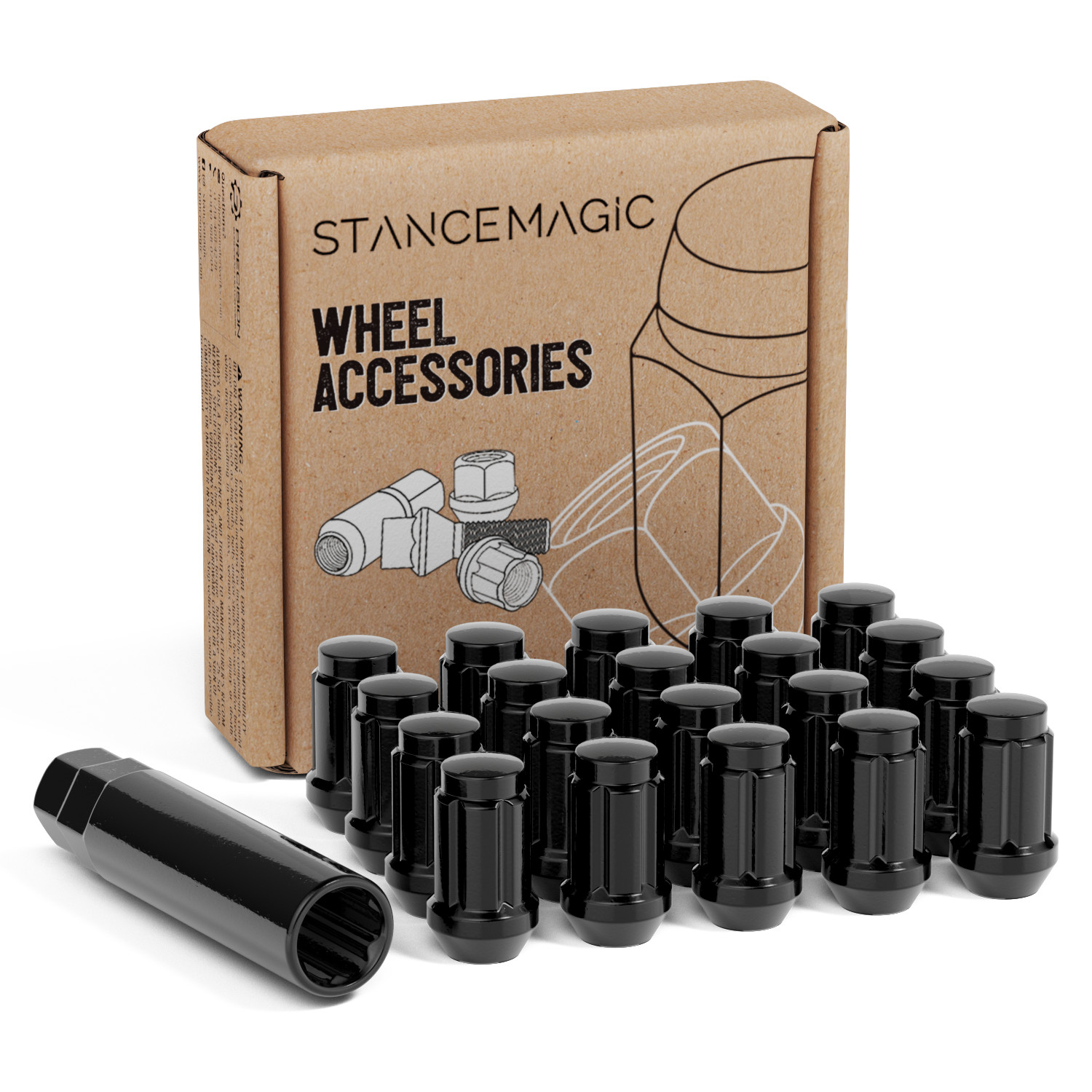 20pc 12x1.25 Lug Nuts | Black Cone Seat | Long Spline Closed End | Includes Key